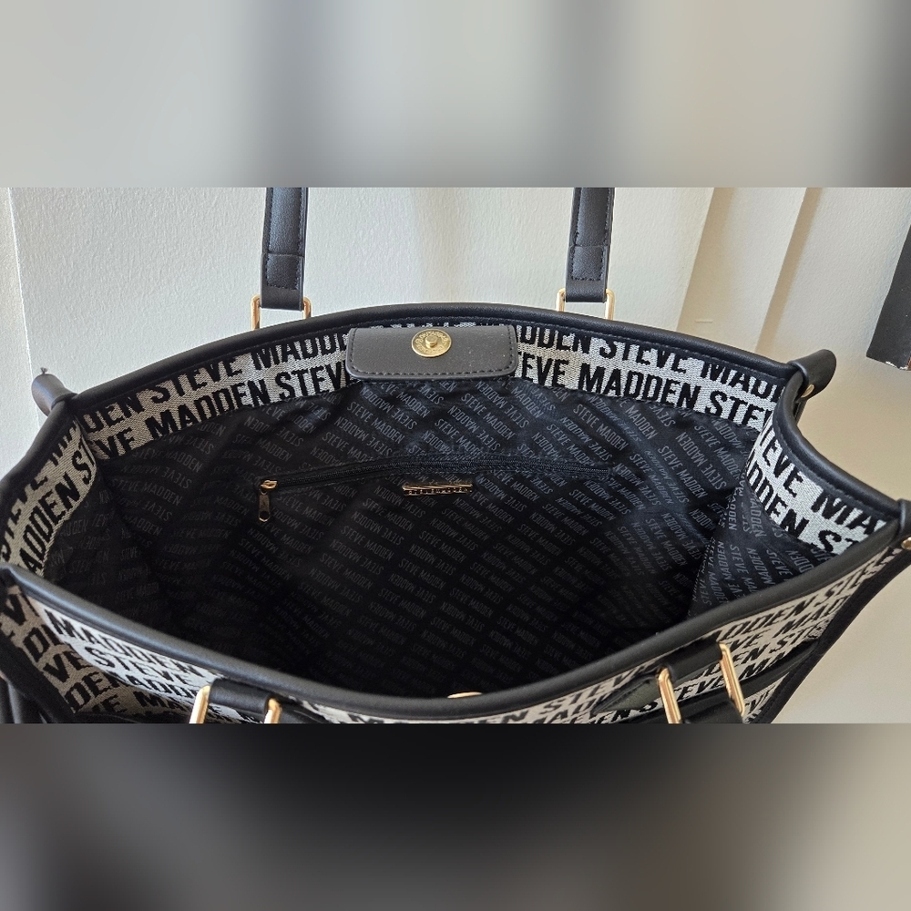 Steve Madden Black & Grey, Repeat Logo Shopper Handbag with removable Extra Bag - Picture 8 of 13